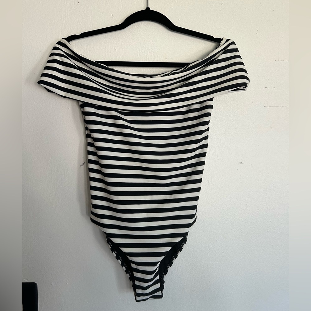 Black and White Striped Off-Shoulder RACHEL Rachel Roy Swimsuit